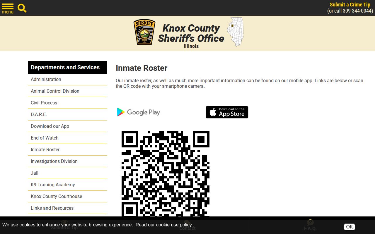 Knox County Sheriff roster notice directing users to the mobile app