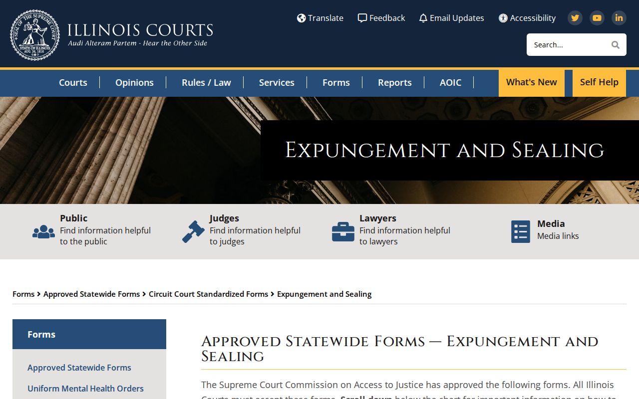 Illinois Courts expungement and sealing forms page relevant to release-record access
