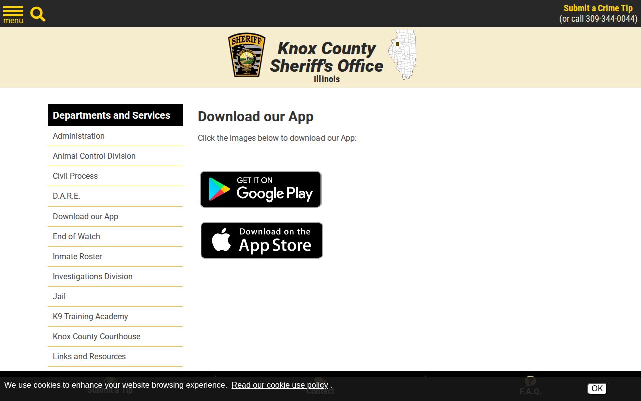 Knox County Sheriff official mobile app page for inmate search access