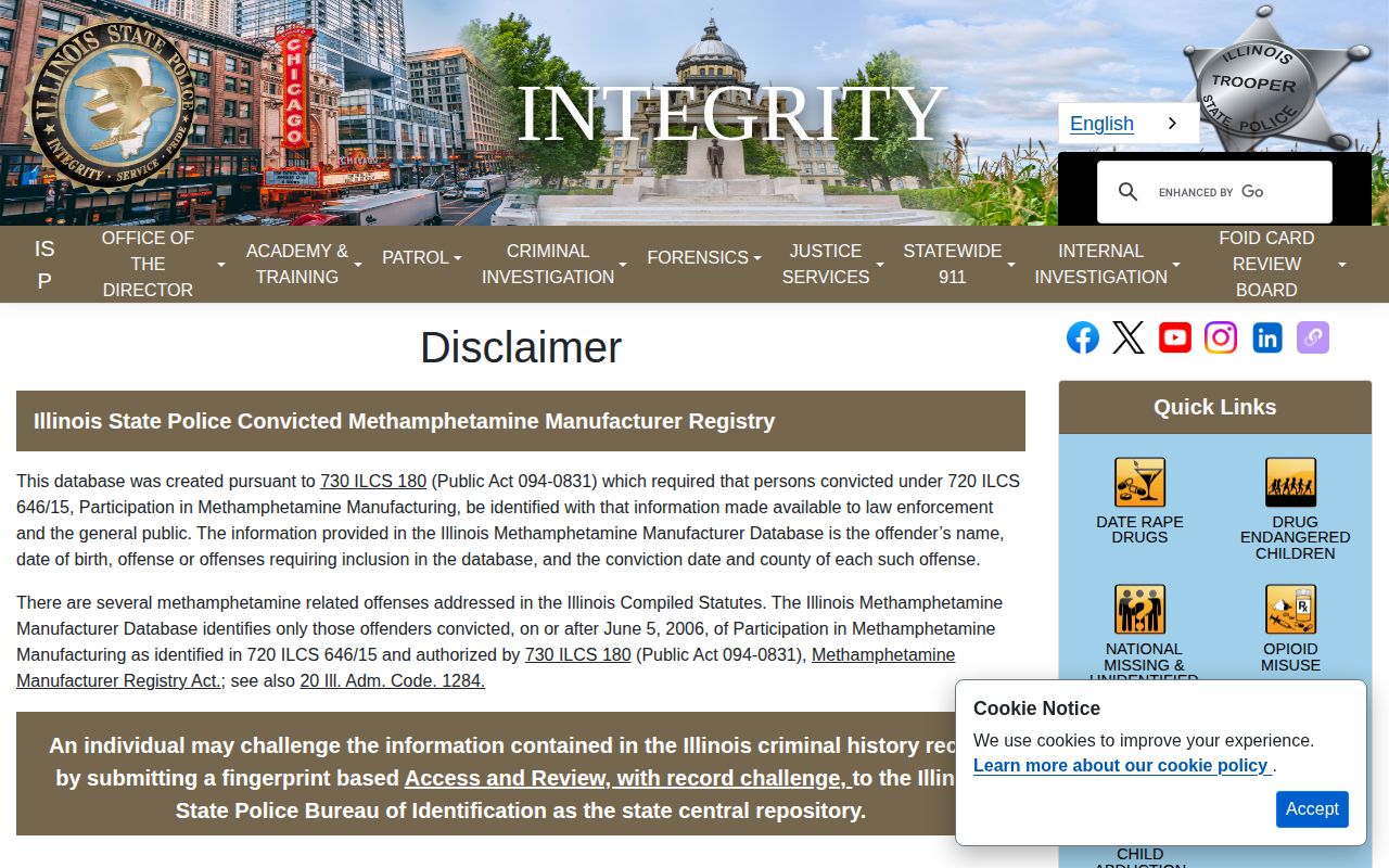 Illinois State Police Methamphetamine Manufacturer Registry disclaimer