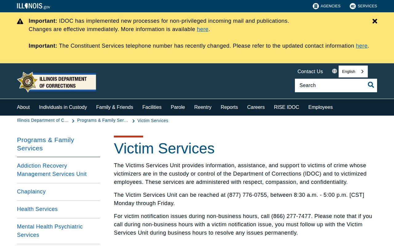 IDOC Victim Services information for Knox County custody release alerts